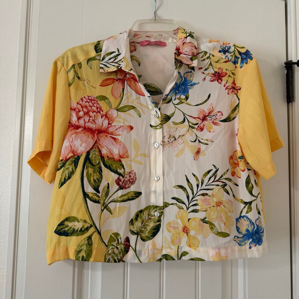 Rose + Olive Resort Yellow White Floral Cropped Blouse Top Shirt Womens Small